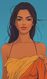 a woman in an orange dress on a blue background