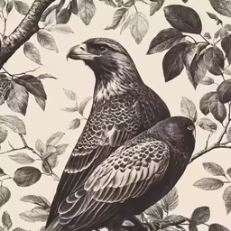 two birds sitting on a tree branch in black and white