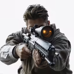 a man pointing at a small rifle in front of his face