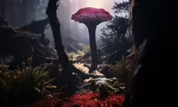 a blooming mushroom in the woods by a fallen tree