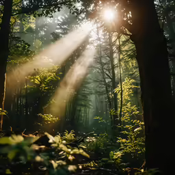 the sun rays come through a thick, dense forest