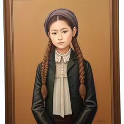 a painting of a girl with braids standing in front of a wall