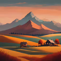 a large painting with a house in the middle,an image of a painting of a mountain scene