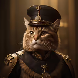 a cat dressed up as a captain with a big hat