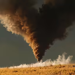 smoke pours from the top of a large, dark - colored fire hydrant