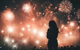 a person is standing in front of fireworks