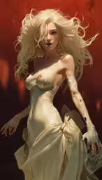 a fantasy female figure walking across a red floor