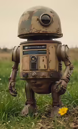 a small robot is standing in a field