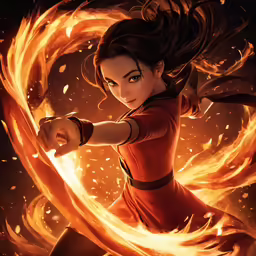 an avatar image with fire around her arm