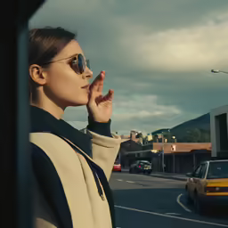 a girl with glasses on smoking a cigarette in the road