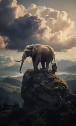 an elephant standing on top of a rock near trees