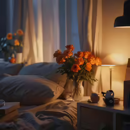 yellow roses are in a vase on a white bed