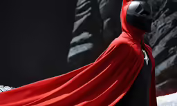 a superhero with his cape up is standing in the snow
