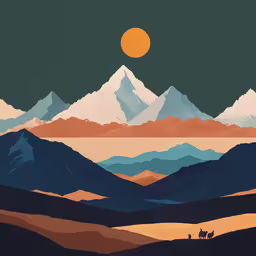a large print on a wall with two people and mountains,the mountains are silhouetted by a full moon
