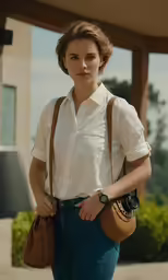 a woman carrying a purse standing outside a building
