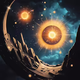 an abstract painting with glowing stars, planets and rocks