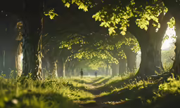 a path winds through trees with a person in the distance