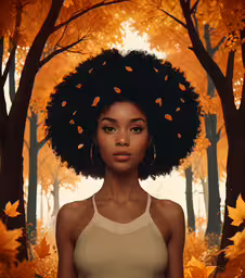a woman with an afro standing in the middle of an autumn landscape,a woman with an afro standing in the woods