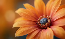 a small round blue and orange flower in the center of an orange flower