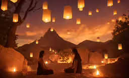two women sit on the ground in front of a mountain with lanterns floating above