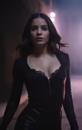 a woman in a black dress is standing on the street
