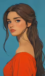 a girl in an orange shirt poses in a blue background