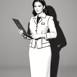 an image of a woman in a suit with a laptop