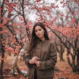 a woman stands in front of trees with red flowers