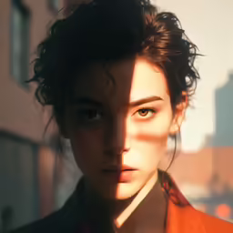 the face of a woman in orange clothes