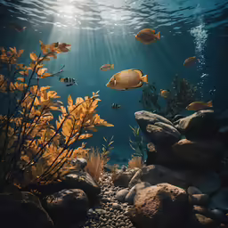 some fish swimming in some water and rocks