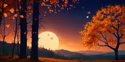 the painting is very colorful and bright as it is in the night,a painting of the sun setting over a forest