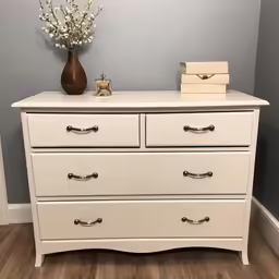 there is a vase with white flowers sitting on the dresser