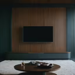 a modern living room is well lit and the tv set is mounted on a wall