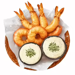 shrimp are arranged on a white plate with hummus and ranch dressing