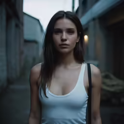 a woman with bare breast wearing a white tank top