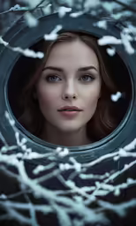 a woman looks out from behind branches