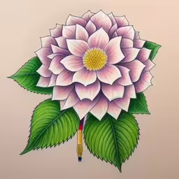 a drawing of a large pink flower with leaves,an image of a large flower on a beige background