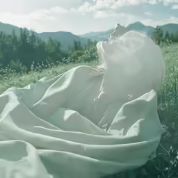 a woman in white sitting on the grass with a blanket over her