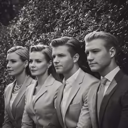 a black and white photograph of people wearing suits