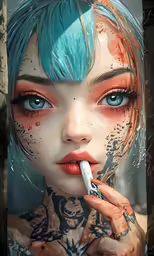 a painting that has blue hair and green eyes