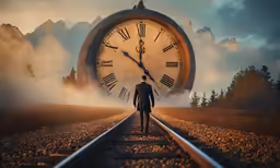 a man walks along railroad tracks toward a huge clock