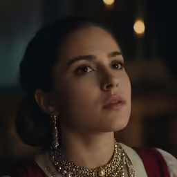 woman in a gold and white dress stares off to the side