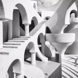stairs in an old building that is decorated with arches and columns
