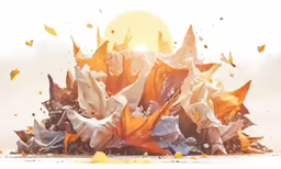 many orange and blue leaves flying into the air