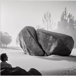 there is a black and white photo of a rock with an older person sitting in the background