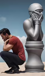 a man squatted in front of a statue