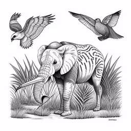 a drawing of an elephant and a bird,an elephant and a bird are shown in black and white