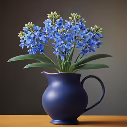 the blue pitcher is holding blue flowers on the table