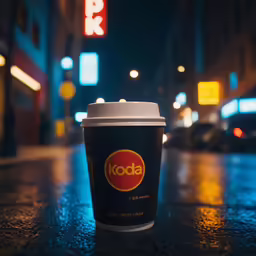 a cup of coffee on a rainy city street