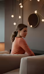 a woman sitting on a couch in front of a mirror